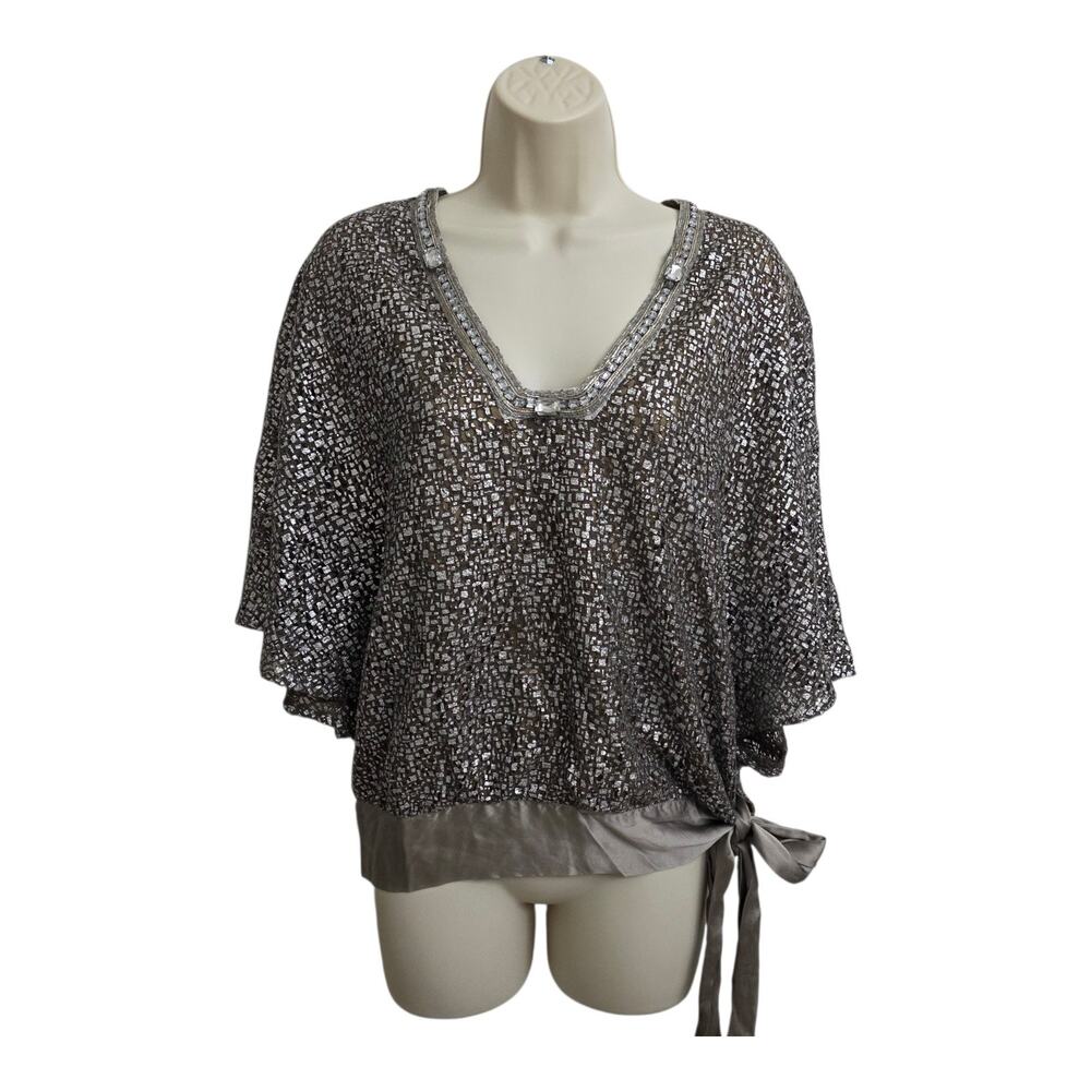 Hale Bob Silk Lined Metallic Glam Top Rhinestone Batwing Sleeve Tie Hem Top Sz S